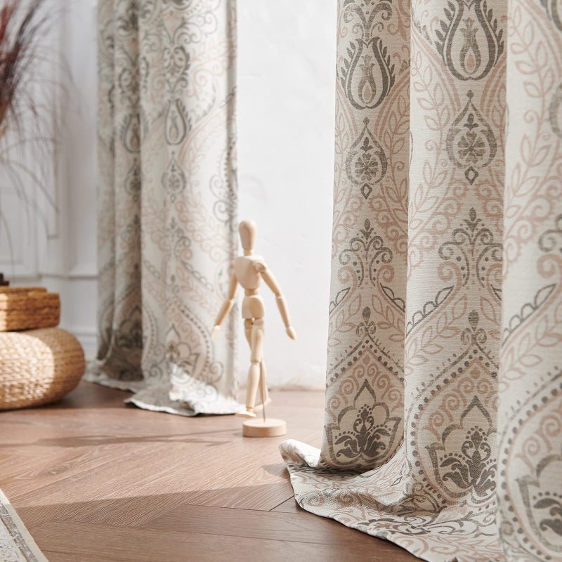 jinchan Linen Textured Curtains for Living Room Darkening 63 Inch Length, Medallion Drapes for Bedroom, Damask Pattern Window Treatments Vintage Curtain Panels, 2 Panels Taupe on Greige - Image 5
